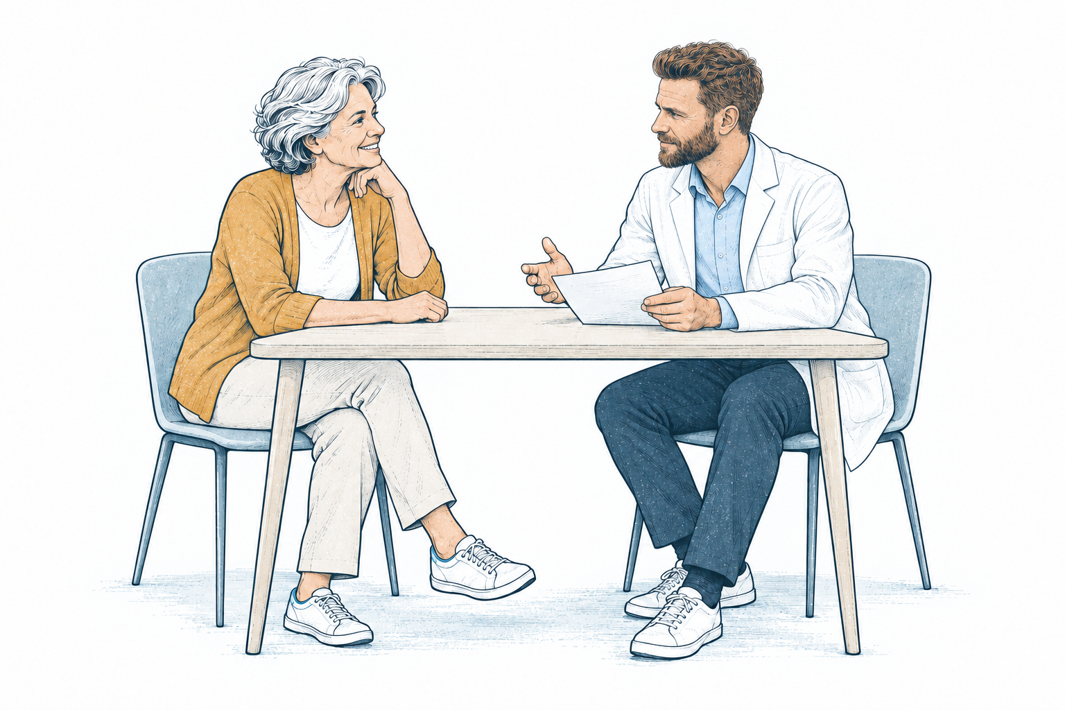 Illustration: DDr. Richard Arnhold bespricht mit einer Patientin einen Befund.